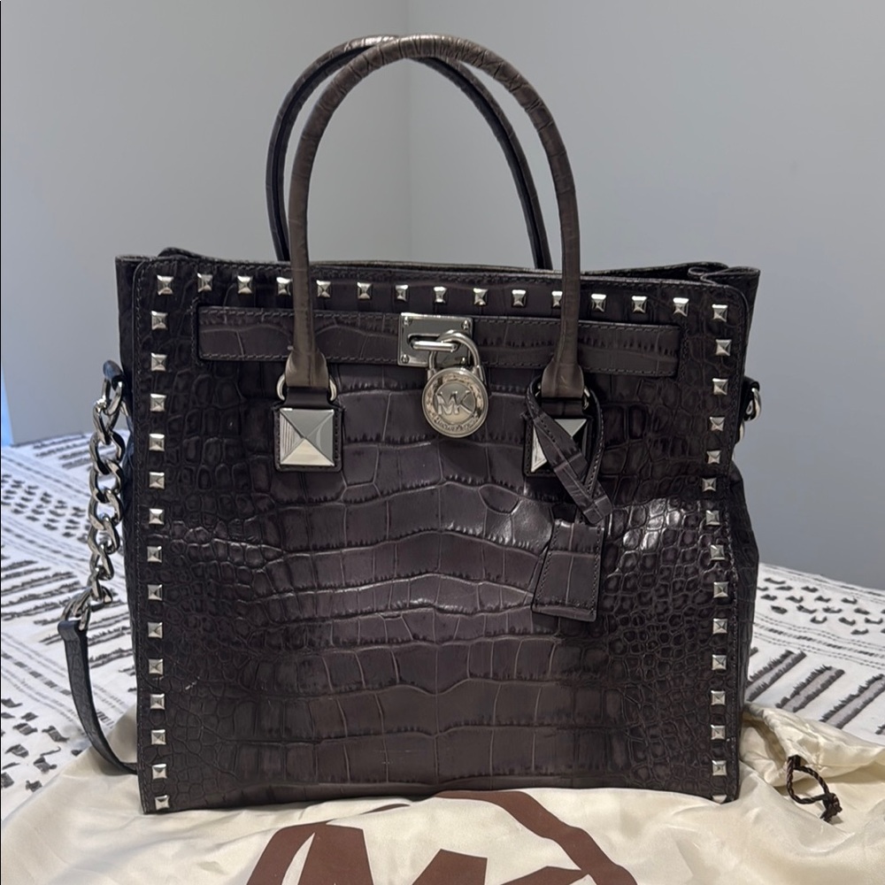 MICHAEL Michael Kors Crocodile-Embossed Studded Bag - Dark Brown